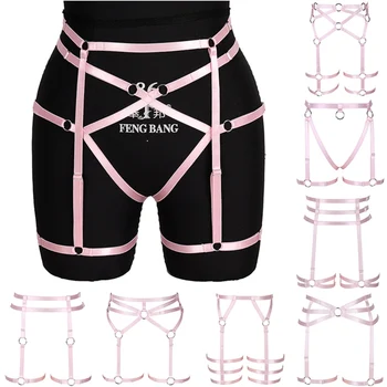 

Pink Women Garter Belt Cage Waist Stockings Suspender Belt Strap Elastic Adjust Hollow Out Body Bondage Harness Goth Fetish Wear