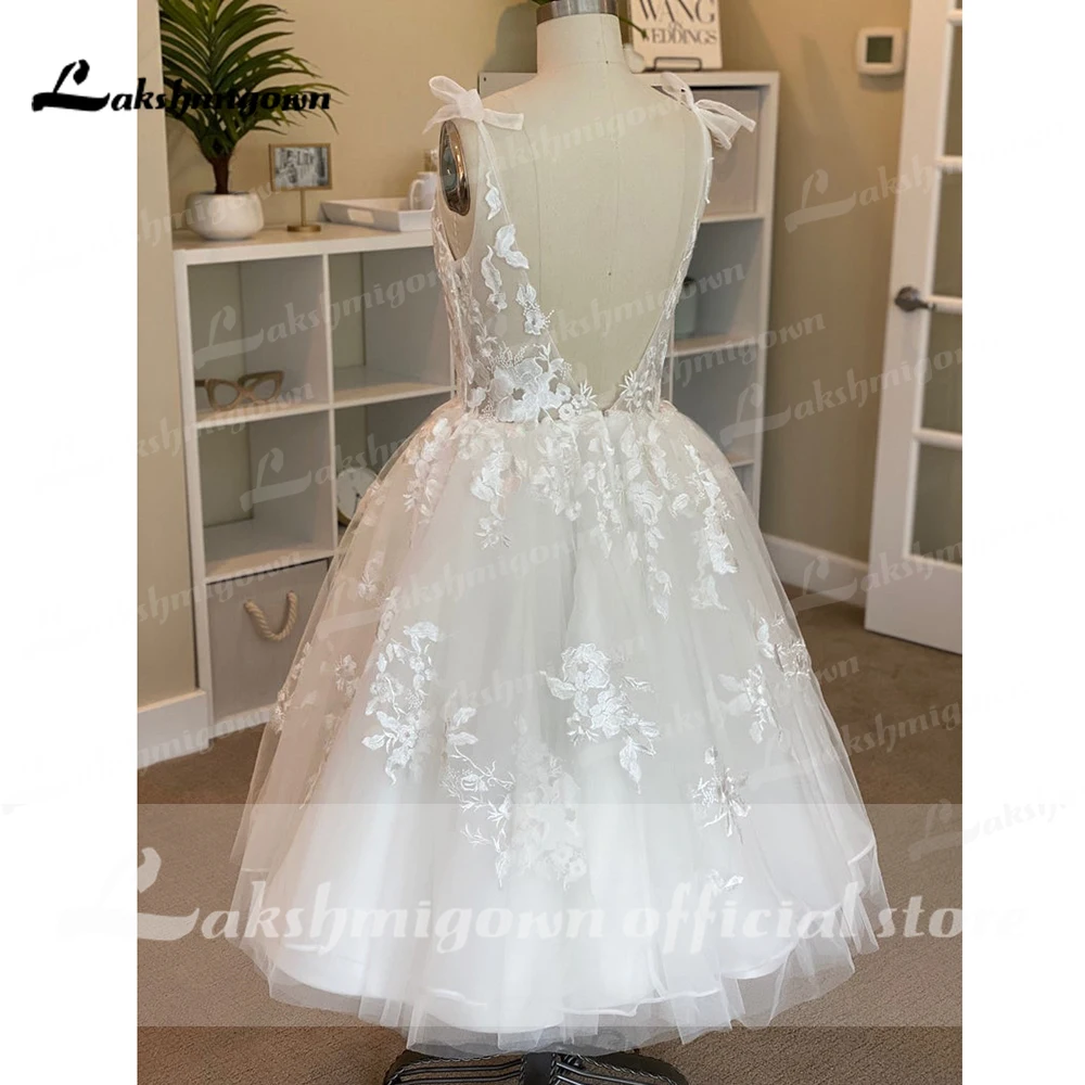 Short Wedding Dresses Summer 2021 Tea Length Robe De Mariée V-Neck Lace appliques Bride Dress Vestido De Novia 3