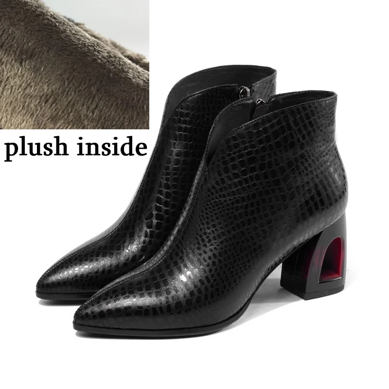 plush inside ALLBITEFO/женские ботинки из натуральной кожи; Удобные однотонные повседневные ботильоны для девочек; сезон осень-зима; модные ботинки - Цвет: plush inside
