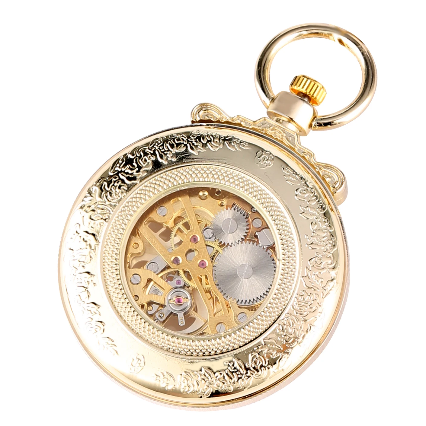 Vintage Golden Mechanical Pocket Watch Movement Roman Numerals Pendant Fob Chain Anique Clock Hours Men Women 4