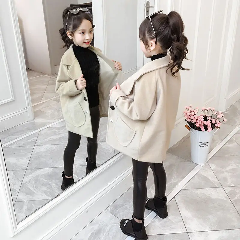 Girls autumn new autumn dress woolen coat girls long-sleeved clothes in the big children's long trendy coat