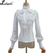 Vintage Women's Lolita Shirt Gothic Chiffon Ruffle Blouse Long Sleeve Blusas Black/White/Navy Blue/Burgundy