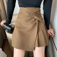 Высокая талия с боковой завязкой короткая юбка в складку мини маленькая юбка для женщин осень Kawaii Jupe Courte Faldas Cortas Gonne goning Saia