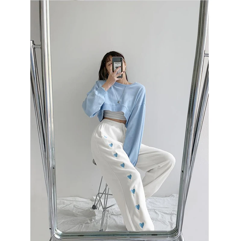 Women Casual Loose Heart Print Streetwear Sweatpants Femme High Waist Harajuku Trousers Wide Leg Sport Jogger Harem Pants