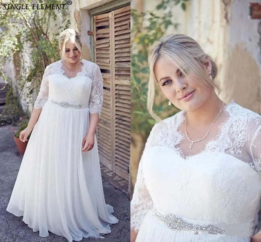 Plus Size Trouwjurken Met Kristallen Sash Half Sleeve Vestidos De Novia Boho Chiffon Bruidsjurk