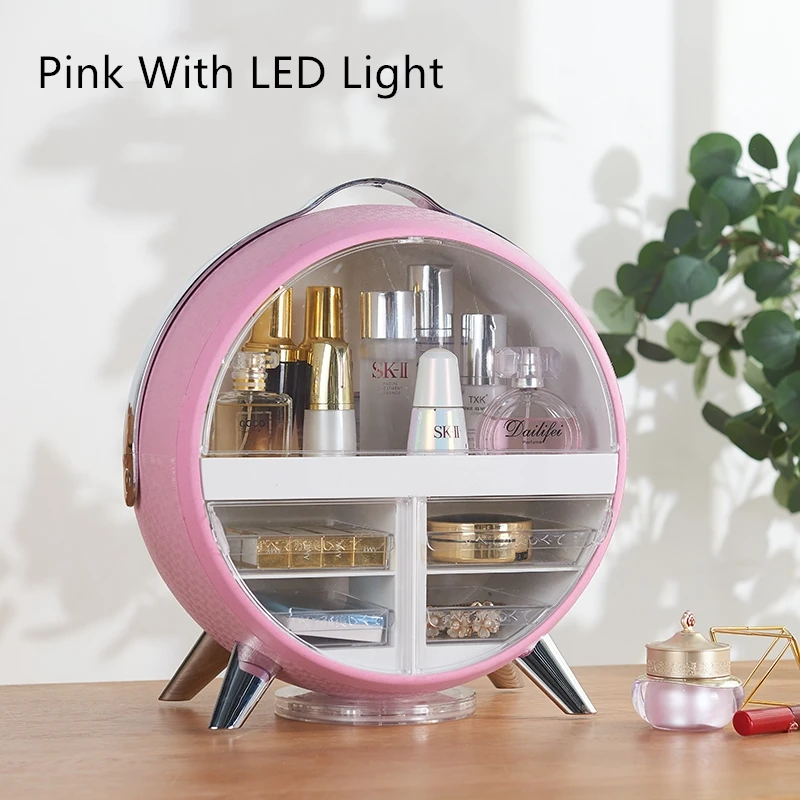 Ящик для хранения косметики с HD светодиодным зеркалом для макияжа, держатель для губной помады, настольные ювелирные изделия, косметический Органайзер для ухода за кожей - Цвет: Pink With LED