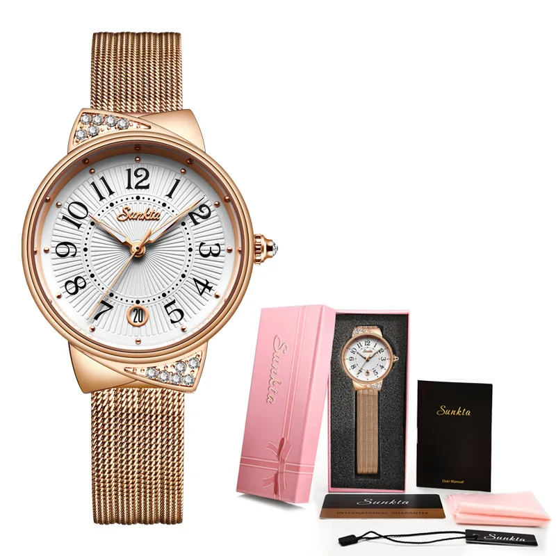 SUNKTA, женские часы, Лидирующий бренд, Роскошные, для девушек, с сетчатым ремешком, ультратонкие часы, нержавеющая сталь, водонепроницаемые часы, кварцевые часы, Reloj Mujer - Цвет: Rose gold white