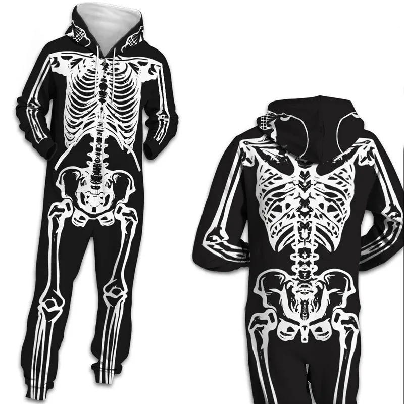 

Harajuku 3D Skull Print Sweatshirt Jumpsuits Hooded With Pocket Zipper Playsuits Women Men Streetwear Tracksuit Playsuit