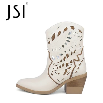 

JSI Mid-calf Winter Fashion Boots Woman High Square Heel Pointed Toe Boots Ladies Hollow Out Chelsea Boots Female Boots C783