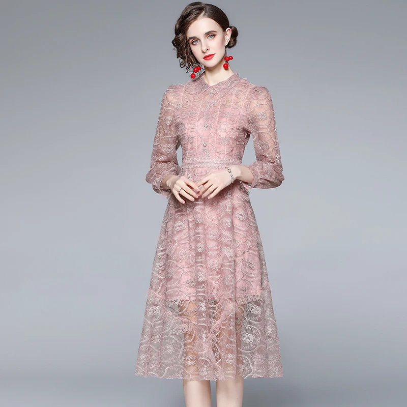 

2021 New Women Dresses Office Lady A-LINE Lace Mid-Calf Women Elegant Dresses O-Neck Mesh Party Full Pink Women Autumn Dresses