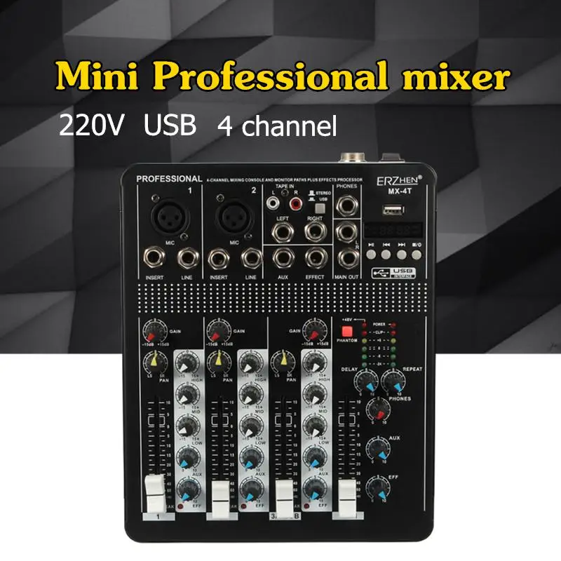 

220V 4 Channel Professional Live Studio Audio Mixer USB bluetooth Mixing Console KTV Karaoke