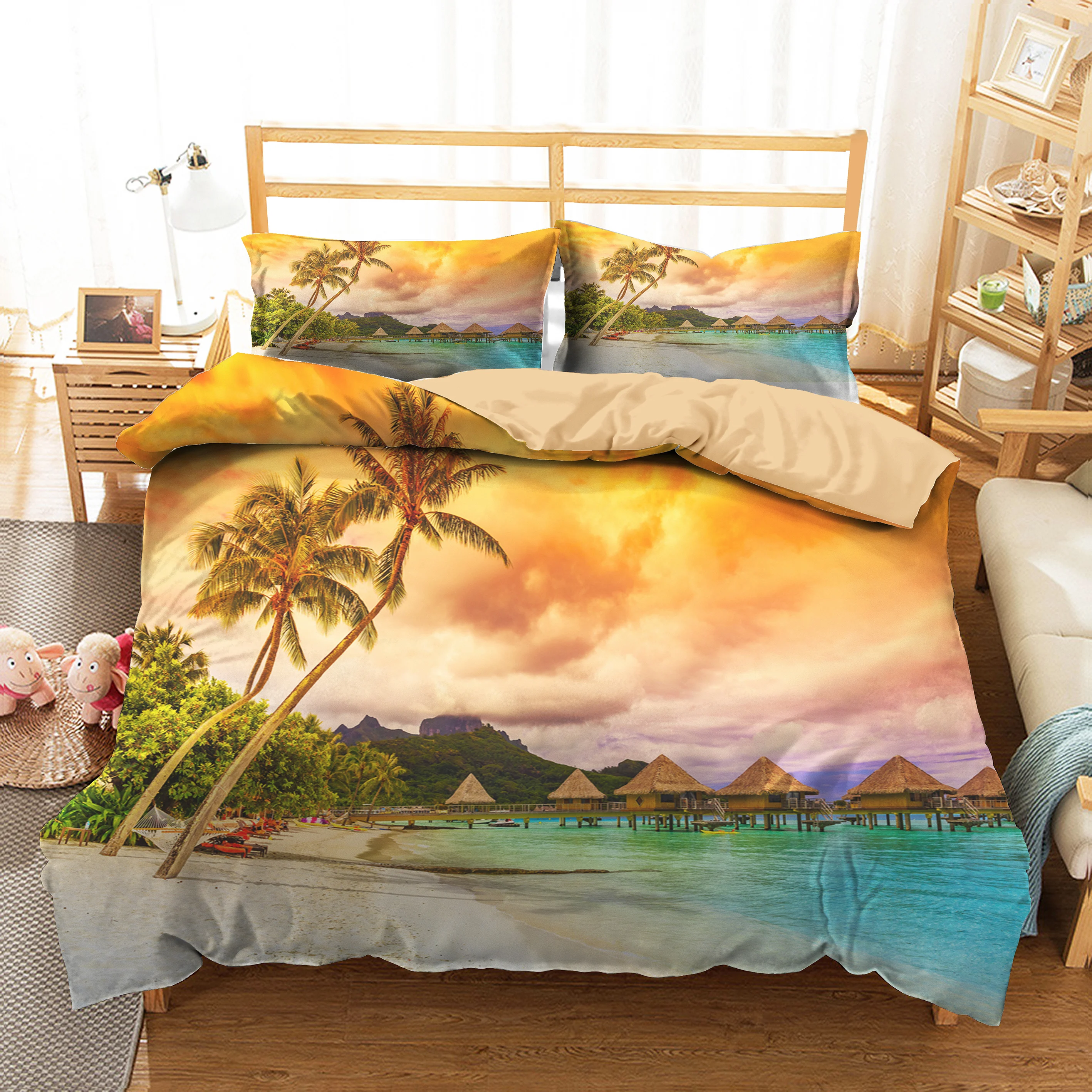 

Double Bed Coverlet Bedding Clothes Duvet Cover 3D Island Hotel Printed Home Textiles with Pillowcsae Bed Linen for Couple