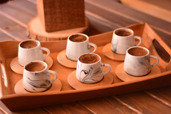 

Marbling Set of 6 Coffee Cups | Bamboo Saucers | Porcelain Cups | Home- Kitchen | Made in Turkey | Free Shipping