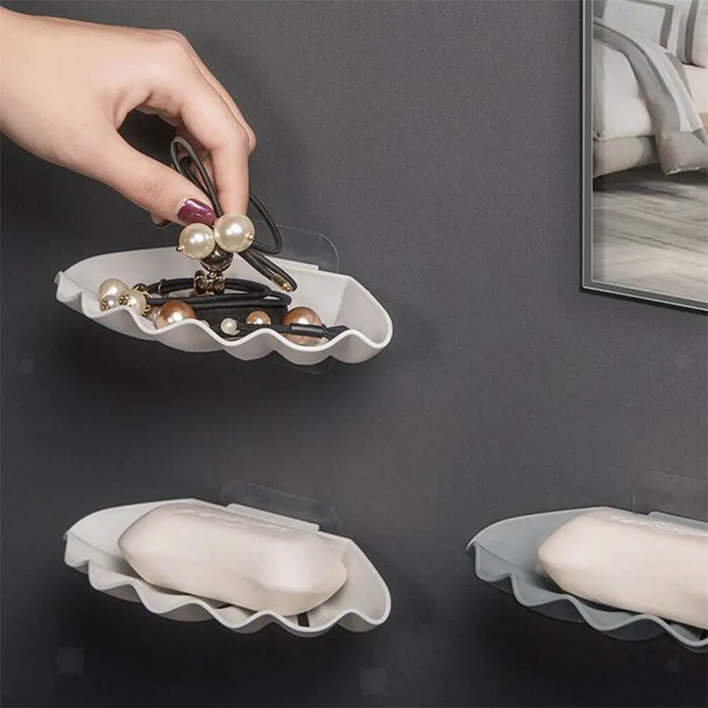 

Bathroom Shower Soap Box Dish Storage Shell Shaped Soap Dish Self-Adhesive Double Soap Tray ABS Plastic