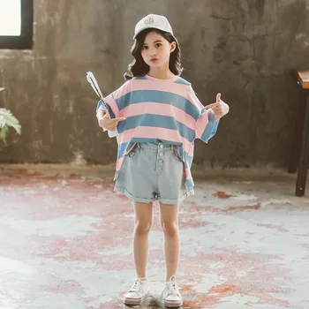 

Teenage Girls Clothing Set Summer Kids Tracksuit stripe Print T shirt Ripped Jeans Sets Girls Clothes Child Costume 10 12 13 Yea