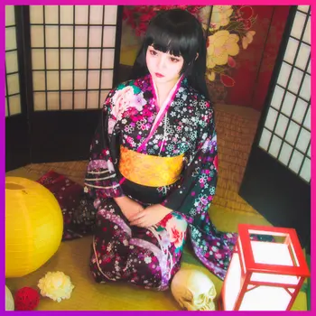 

Lady Flower Yukata Dress Classic Japanese Female Kimono Bath Roeb Gowns With Obi Halloween Cosplay Costumes Vintage Traditional
