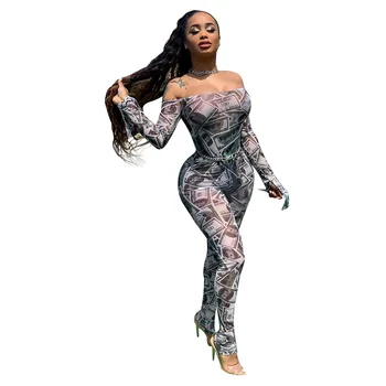 

Summer Autumn Women Jumpsuit Bodycon Playsuit Bodysuit Overalls Rompers Plus Size Sexy Slash Neck Dollars Print Jumpsuits