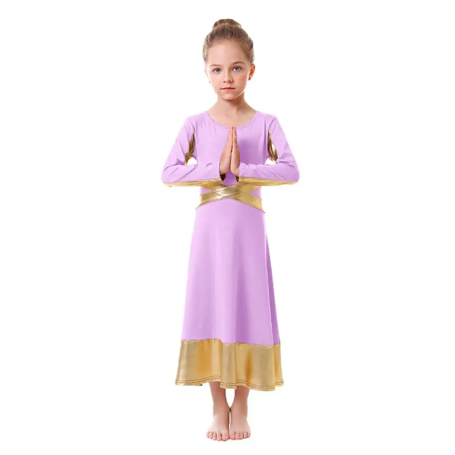light purple Хвалебное Платье длинное литургическое платье для танцев для девочек платье для малышей Одежда с рисунком на церковную тематику для девочек, детское платье для танцев с длинными рукавами - Цвет: light purple