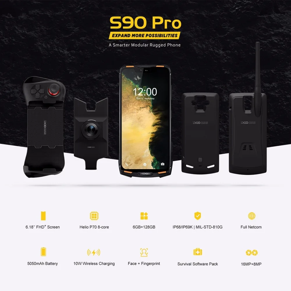 DOOGEE S90 Pro IP68/IP69K прочный мобильный телефон Android 9,0 смартфон 6,1" FHD+ дисплей Helio P70 Восьмиядерный 6 ГБ 128 ГБ 16MP Cam