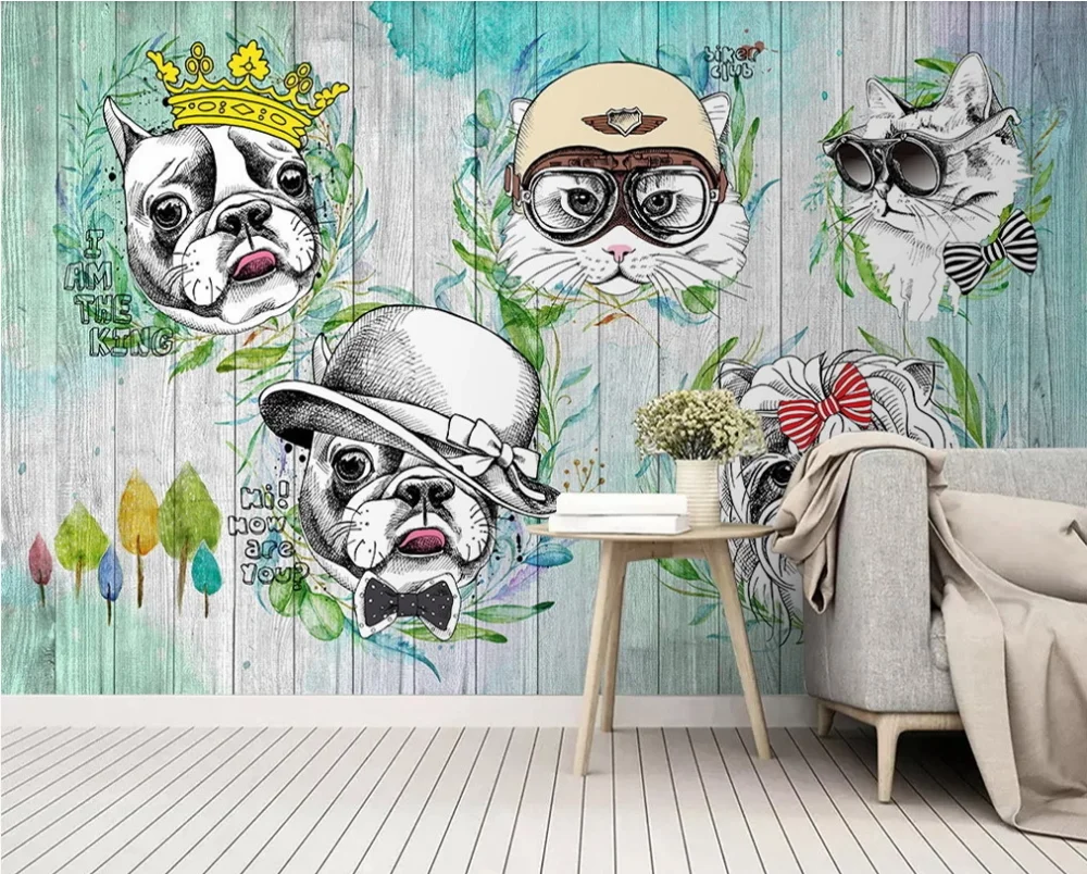

Custom wallpaper hand-painted animals cats and dogs cartoon background wall decoration painting waterproof material