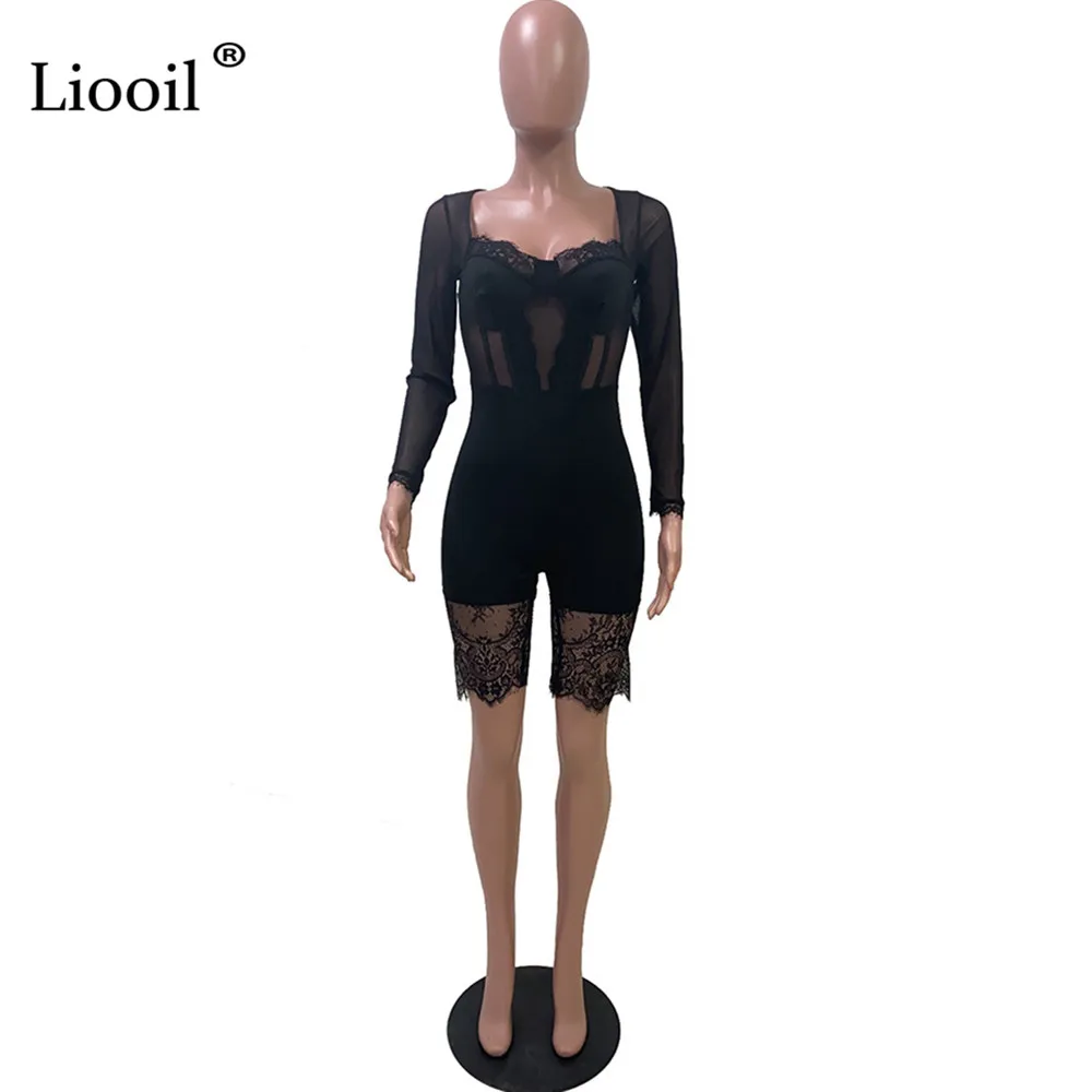 Liooil, черный кружевной Облегающий комбинезон, прозрачный комбинезон, Клубная одежда, новинка, вечерние комбинезоны, женские комбинезоны, шорты, Onesie