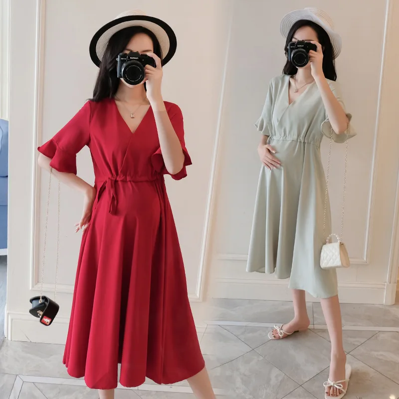 

Maternity Clothes Summer Wear 2020 New Style Maternity Clothes Dress Mid-length V-neck Red Maternity Dress