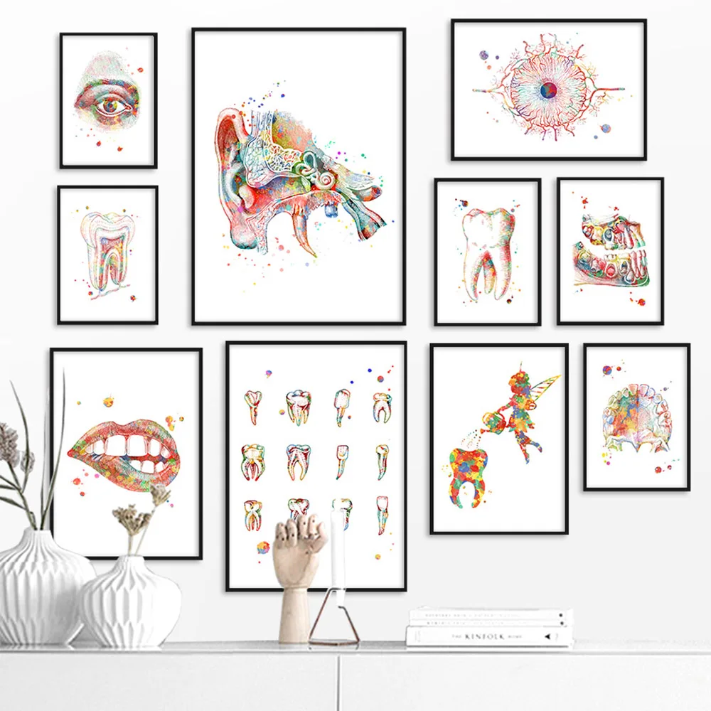 Canvas Schilderij Wall Art Printing Tanden Lippen Oog Oor Anatomie Poster Nordic Stijl Modulaire Foto Voor Onderzoek Kantoor Hom