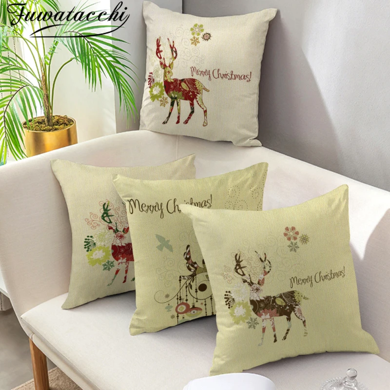 

Fuwatacchi Christmas Elk Pillow Case Deer Animals Print Cushion Cover Linen Pillows Covers for Home Sofa Couch Decor Pillowcases