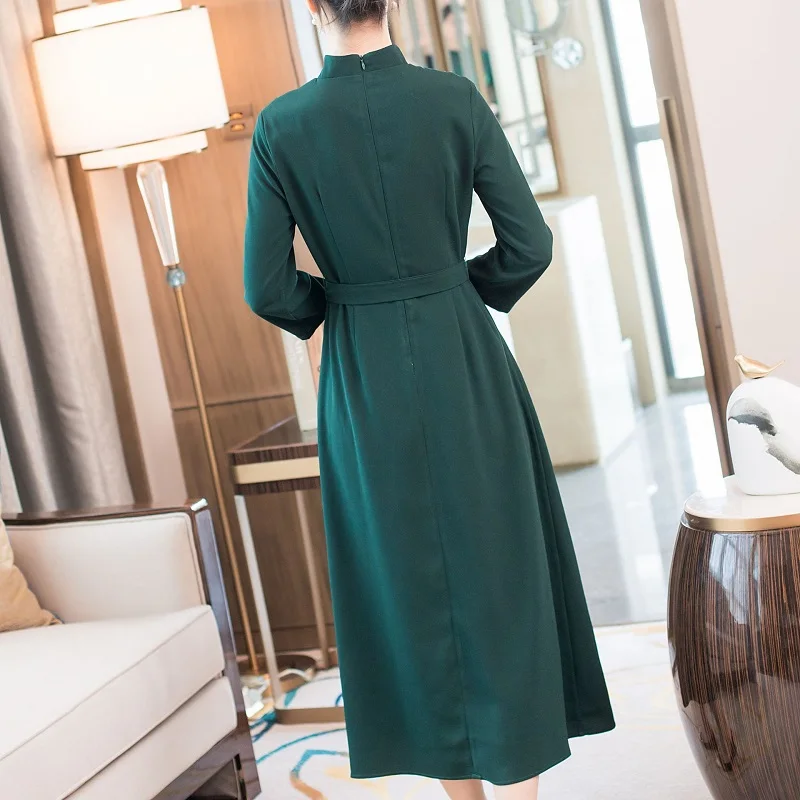 Vestidos Feminino ; осеннее элегантное платье 50-х 60-х платье Для женщин изысканная вышивка с длинным рукавом до середины икры Длина Винтаж зеленое платье