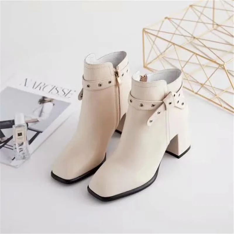 Женские ботинки на молнии; женские ботинки; scarpe donna; ботильоны на высоком каблуке с квадратным носком; Zapatos De Mujer; с бантом-бабочкой