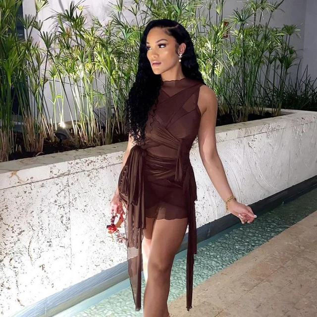 Brown Ribbons Mesh See Through Bodycon Party Dresses Women Sexy Clubwear Mini Dress Solid Sleeveless Basic Female платье Outfits 3