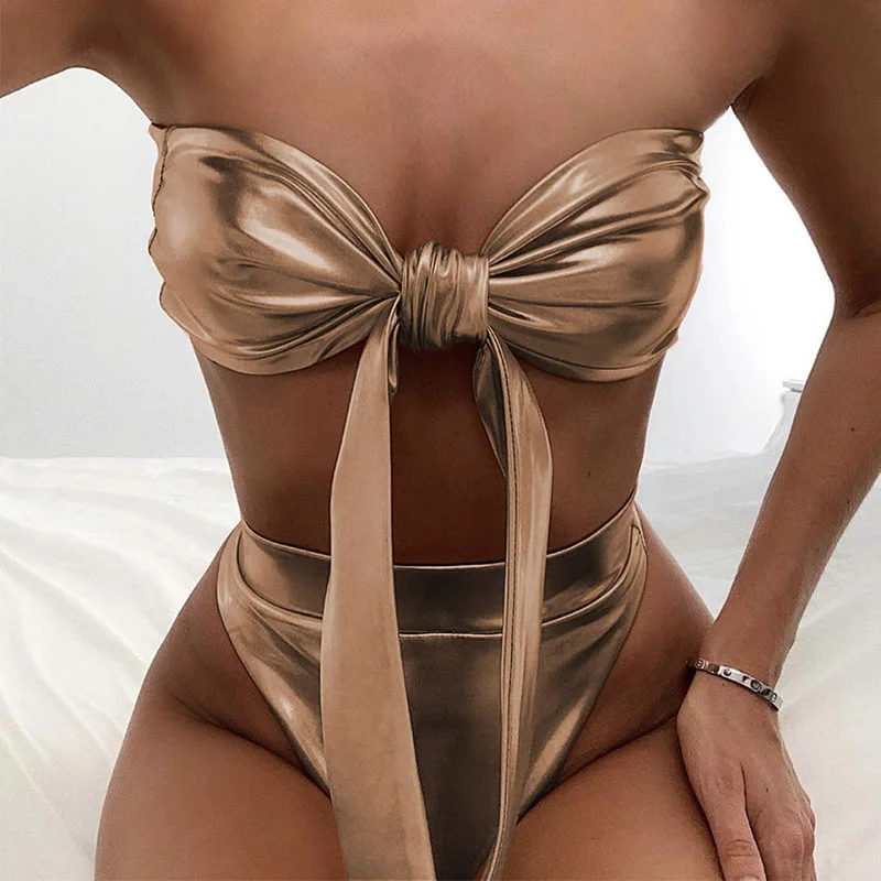 

Gold high waist bandeau knotted swimsuit 2019 Sexy female Bandeau swimwear women bathing suit Strapless micro bikini set bather