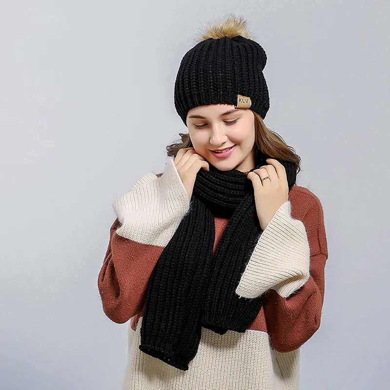 Осенне-зимняя женская шапка, шапки, вязаный теплый шарф, толстый ветрозащитный Многофункциональный меховой помпон, шапка, шарф, набор для женщин