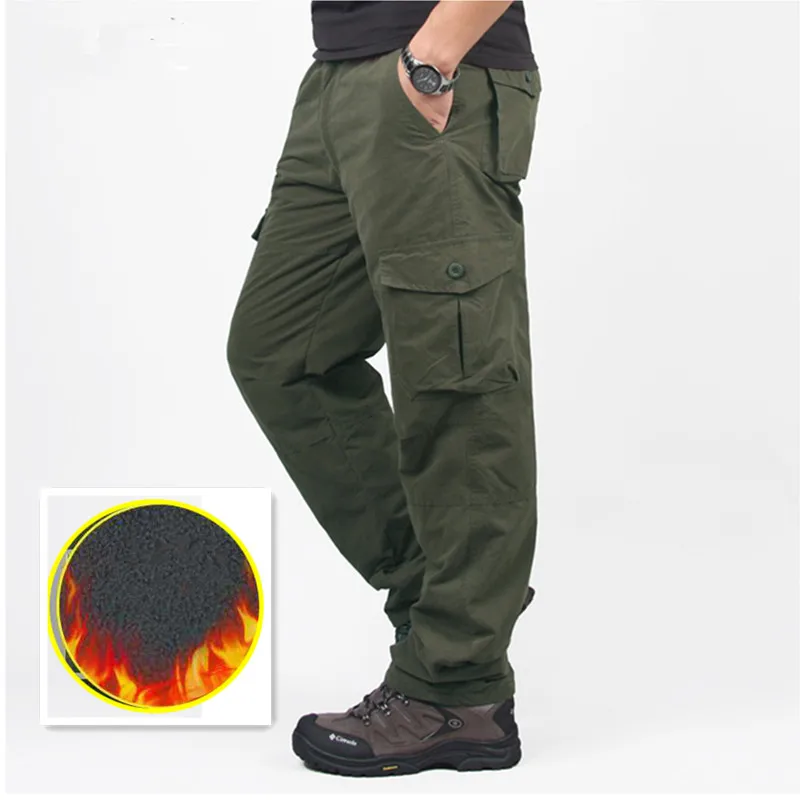 Новинка мужские зимние толстые теплые брюки Карго повседневные флисовые длинные брюки с карманами Модные свободные мешковатые рабочие мужские брюки 3XL - Цвет: Армейский зеленый