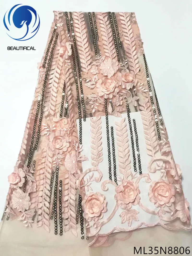 

BEAUTIFICAL nigerian lace fabrics 3d flowers tulle lace with embroidery sequins for dress Fashion 3d french lace 5yards ML35N88