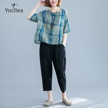 

Summer Plaid two piece set short sleeve cotton and linen suit elegant fashion Ankle-Length harem pants women's sets