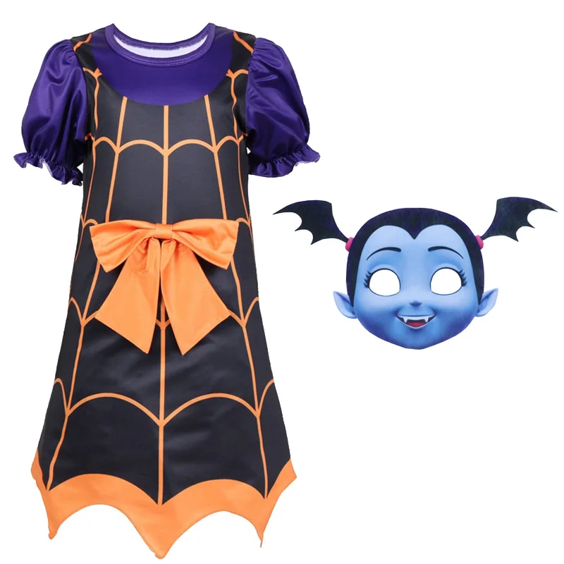 Vampirina/платье для девочек на Хэллоуин; Детский костюм вампира и маска-повязка; Детские вечерние карнавальные костюмы с короткими рукавами на день рождения - Цвет: Dress and Mask