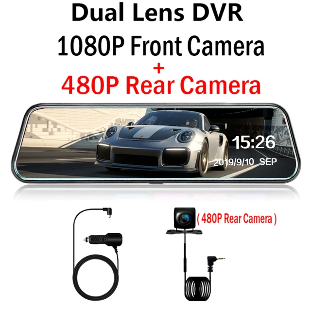 10 дюймов авто Зеркало заднего вида DVR 1080p Камера Двойной объектив Dash Cam 170 градусов Широкий формат потоковый медиа Регистраторы - Название цвета: Dual Lens 480P