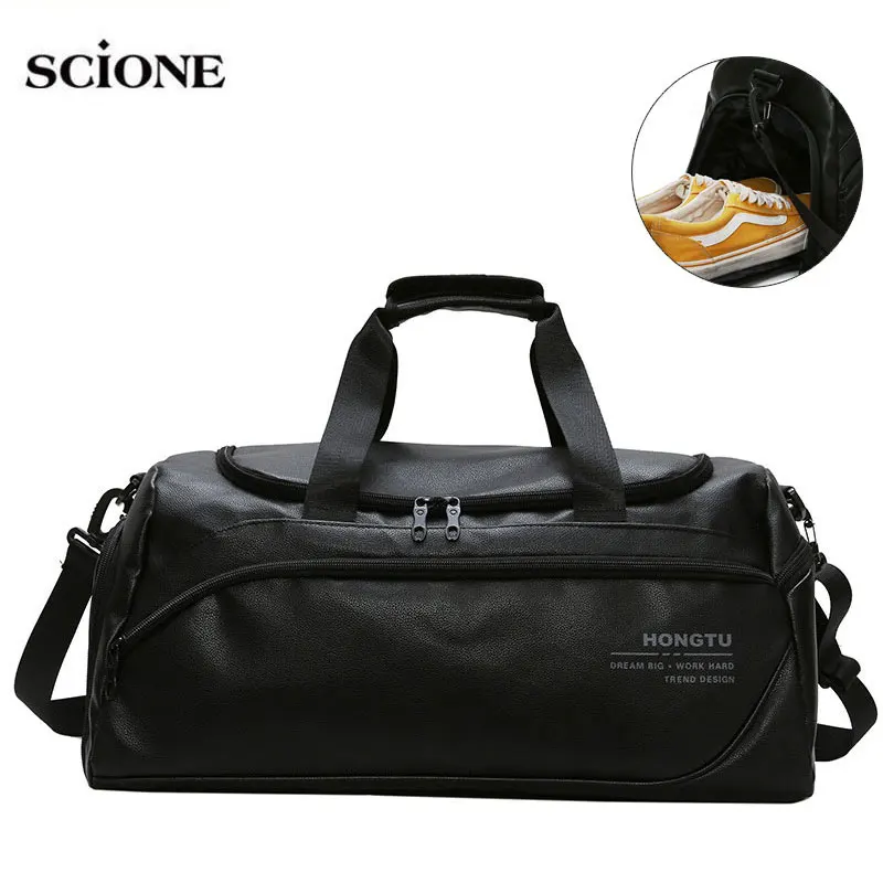 Black Men PU Gym Bag Travel Luggage Leather Shoulder Bags Outoor Sports Fitness Training Yoga Tote Handbags Traveling Bag XA5A