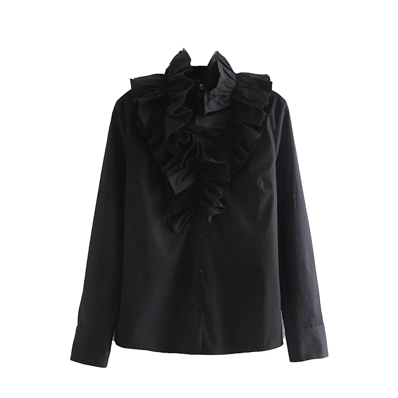 Tangada women ruffle black blouse vintage long sleeve v neck ladies casual shirts stylish tops blusas JE75 - Цвет: Черный