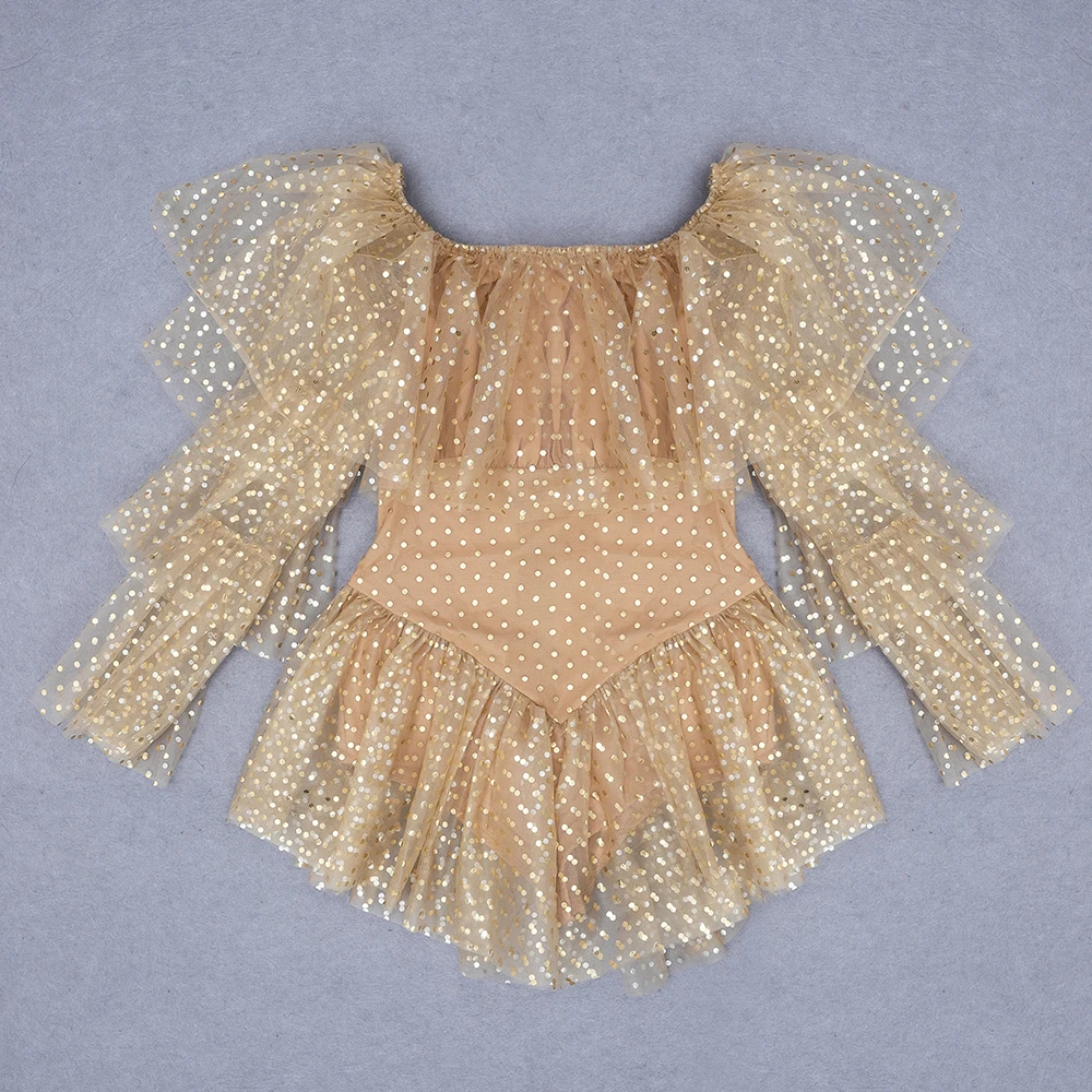 Khaki Sexy Mini Summer Dress Mesh Long Butterfly Sleeve Cascading Ruffle Fashion Slash Neck Club Womens Dress 2020 Top Quality