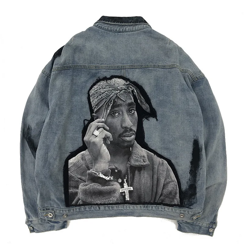 ICPANS хип-хоп джинсовая куртка Rap Rapper 2PAC Tupac Shakur Лоскутная галстук-краска хип-хоп Повседневная джинсовая куртка уличная верхняя одежда