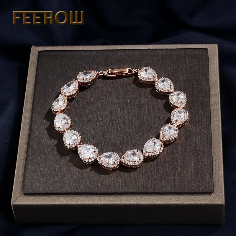 Женский теннисный браслет FEEHOW из розового золота с камнями в форме сердца