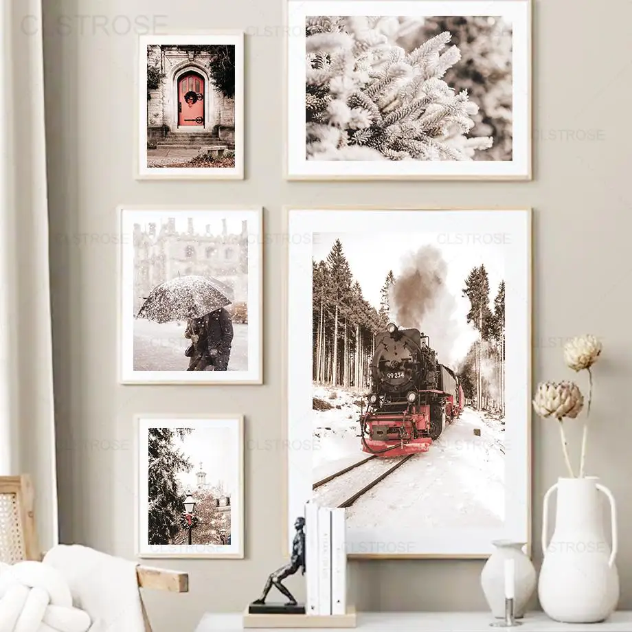 Winter Snow Train Canvas Art Painting Poster Living Room Picture Wall Home Decor 