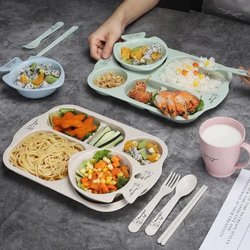 

6pcs Baby Dish Bowl Tableware Set Natural Bamboo Fiber Bowl With Cup Spoon Plate Fork Feeding Dishes for Kids Utensils Food Set