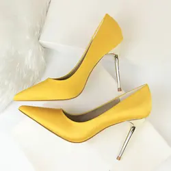 Каблук из металла обувь Для женщин шелк тонкие высокие насосы атласная обувь пикантные элегантные туфли на высоком каблуке желтый 34 42, 43