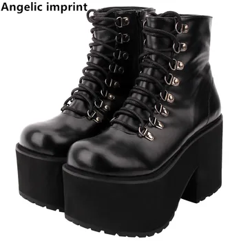 

Angelic imprint handmade Women fashion motorcycle punk boots lady short Boots woman high trifle heels pumps shoes lace up 33-47