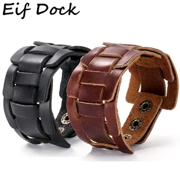 

Eif Dock Hight Quality Wide Belt Genuine Leather Charm Bracelet For Men Motorcycle Rider Punk Male Wristband Wrap Bracelets