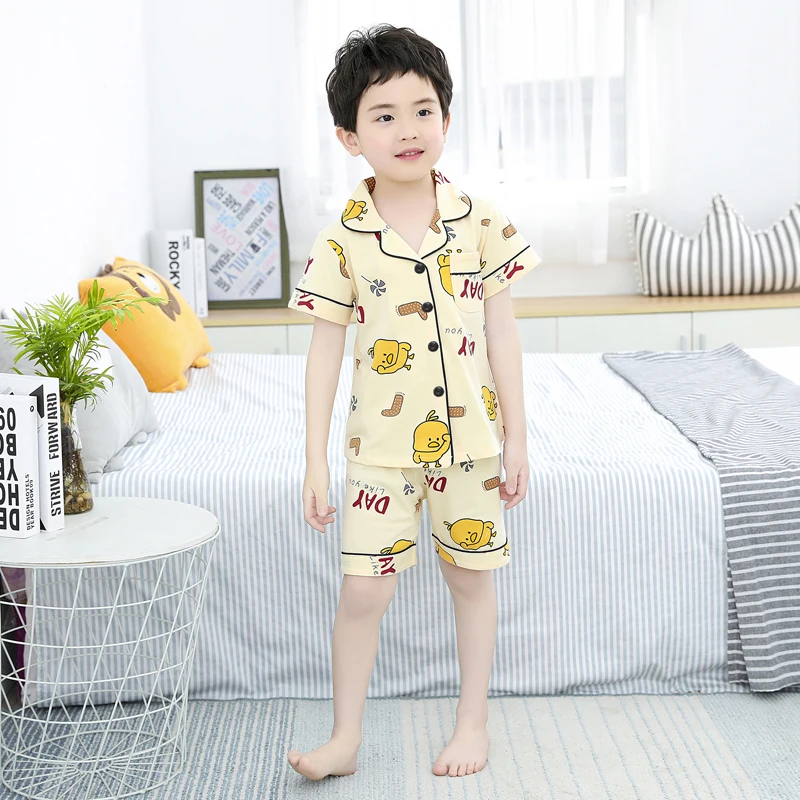 cheap plus size pajama sets 2020 New Children's Boys Pajamas Set summer short sleeve T-Shirts Trousers Cotton Cardigan Pyjamas Teen Boy Home Wear Suits Kids custom pajama sets	 Sleepwear & Robes