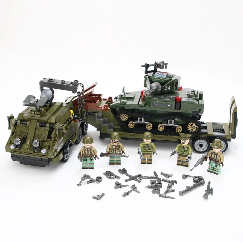

915PCS military US Army Heavy Trailer Tank building blocks WW2 Army soldier military Minifigs weapons Parts building blocks Toys